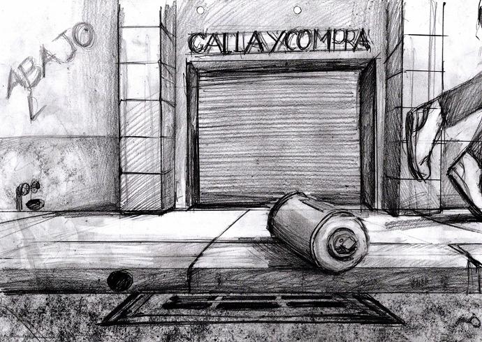 Fotograma dibujado a lápiz de una zona urbana